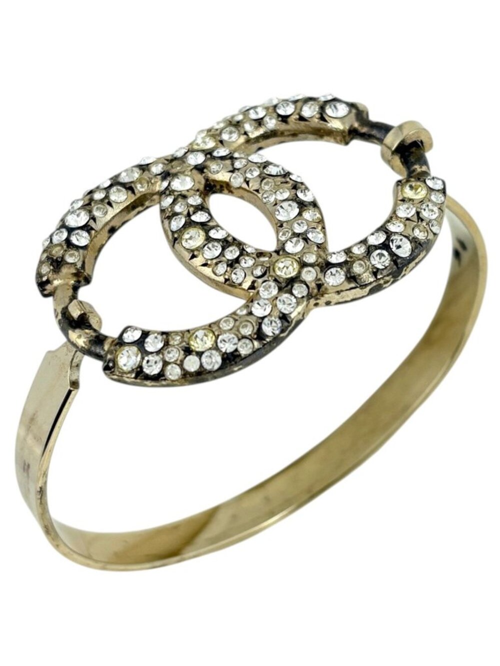 Chanel CC Logo Rhinestone Bangle Silver Plated Bracelet